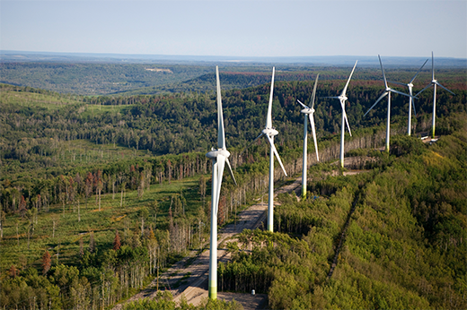A row of wind turbines in a green landscape