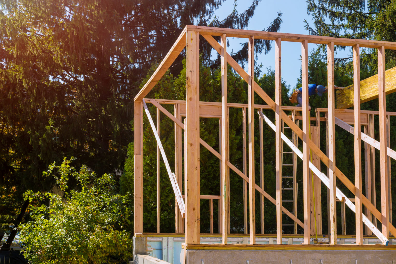 Beam stick built frame of a new house under construction