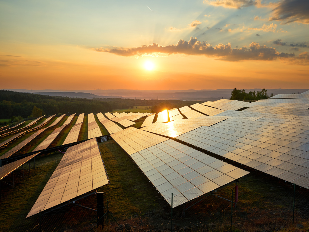 Sunset on solar panels