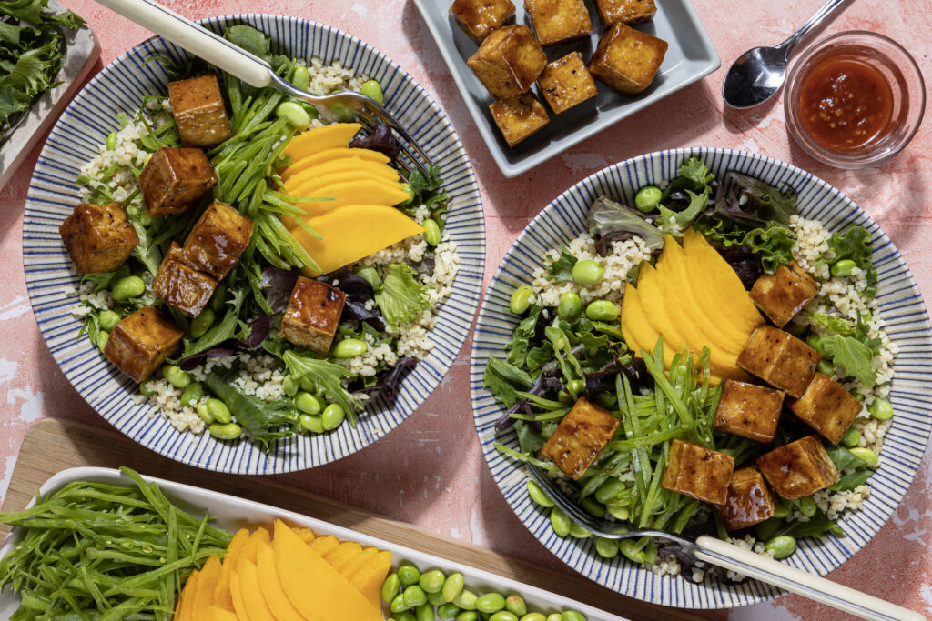 Tofu Poke Bowl with Pineapple Sauce, Mango, Snow Peas