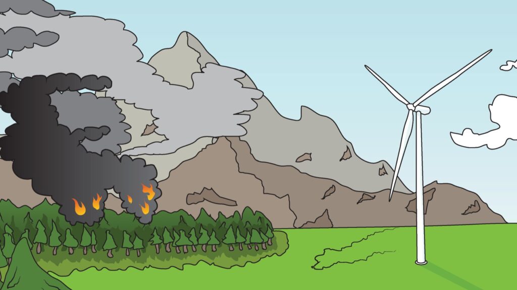 Illustration of forest fire near a wind turbine