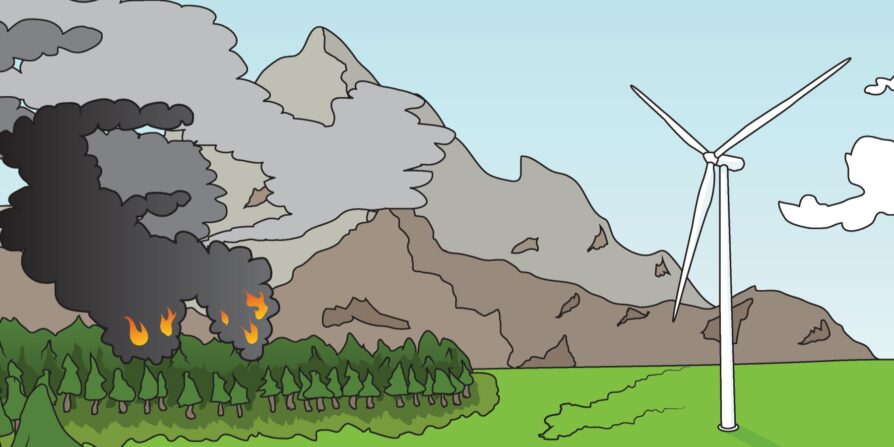 Illustration of forest fire near a wind turbine