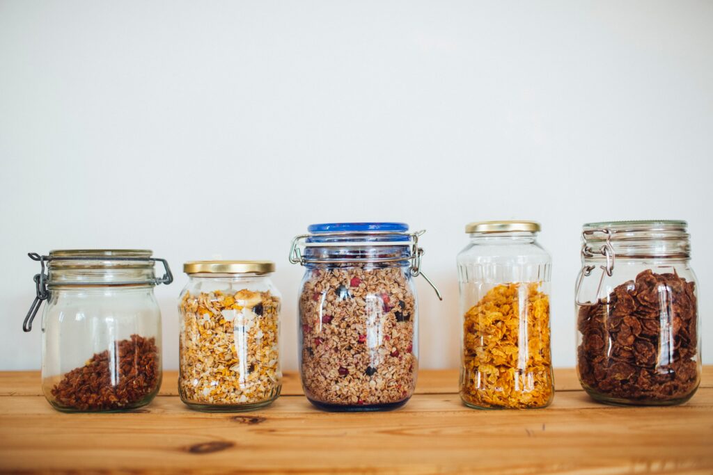 Eco friendly glass jars filled with dried foods
