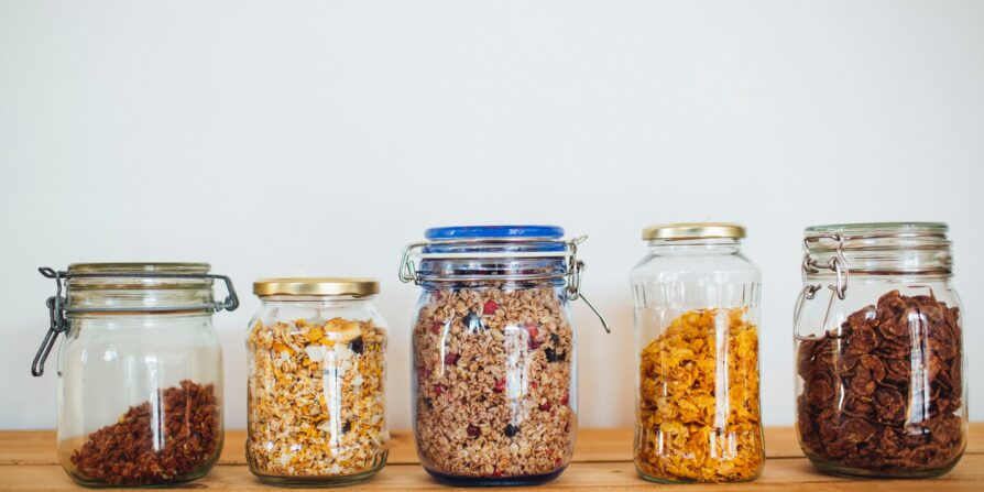 Eco friendly glass jars filled with dried foods